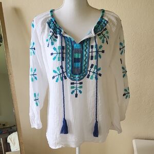 Apny 100% Cotton Gauzy Top M With Tassels And Embroidery